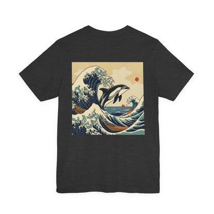Dolphin Woodblock Tee - Wave (Back Image, Front Logo)