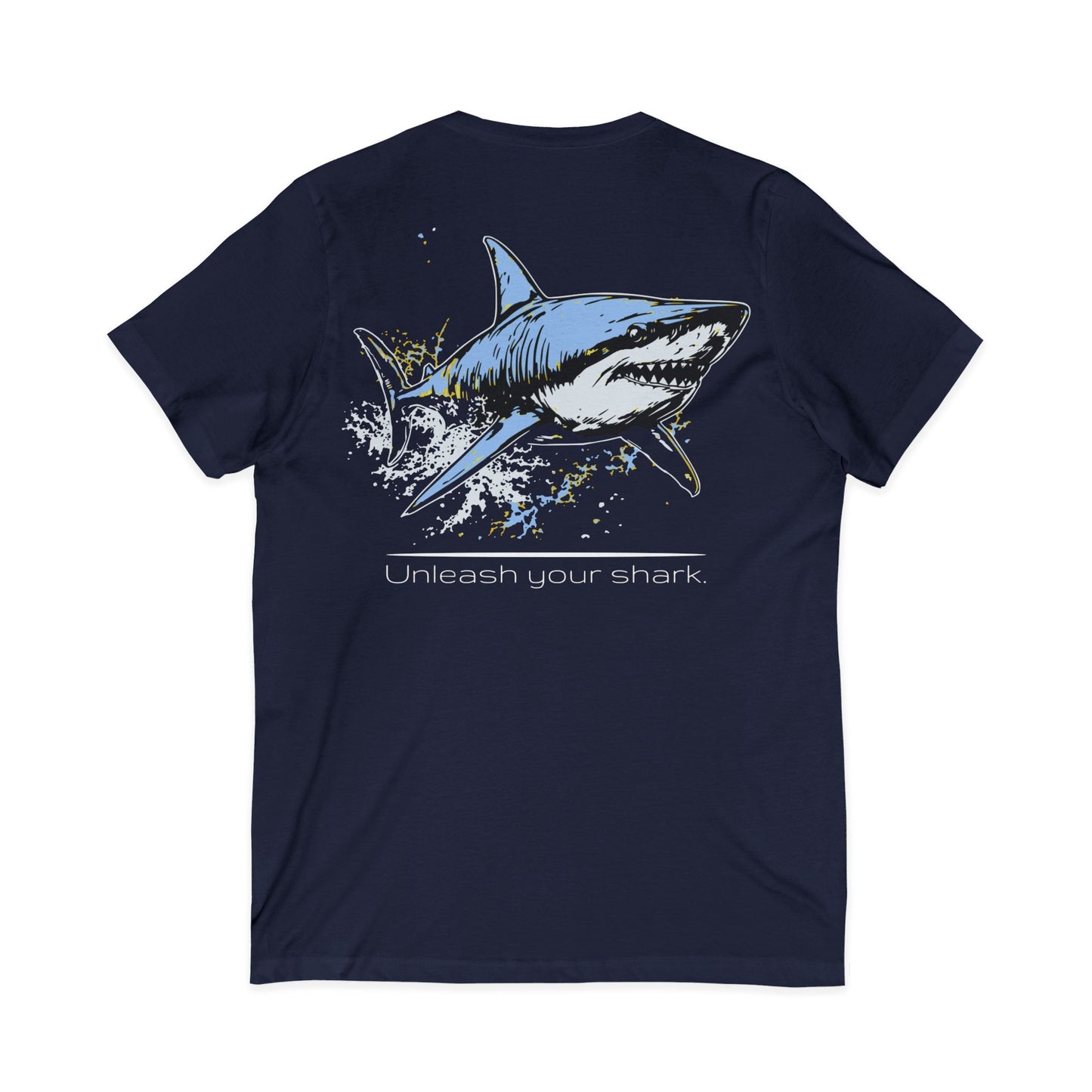 Great White Shark Ultimate "Unleash your shark" V-Neck Graphic Unisex Jersey Tee (graphic on back)
