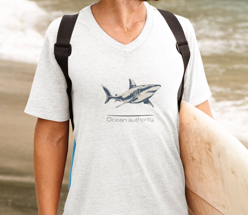 Great White Shark "Ocean authority" V-Neck Graphic Unisex Jersey Tee
