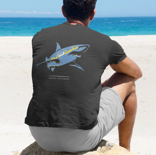 Blue Shark "Apex mindset" V-Neck Graphic Unisex Jersey Tee, (graphic on back)