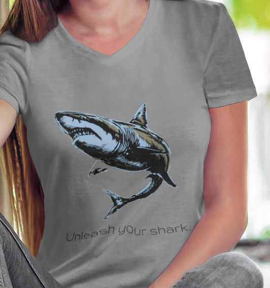 Great White Shark "Unleash your shark" V-Neck Graphic Unisex Jersey Tee