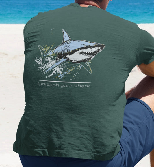 Great White Shark Ultimate "Unleash your shark" Graphic Unisex Jersey Tee, (graphic on back)