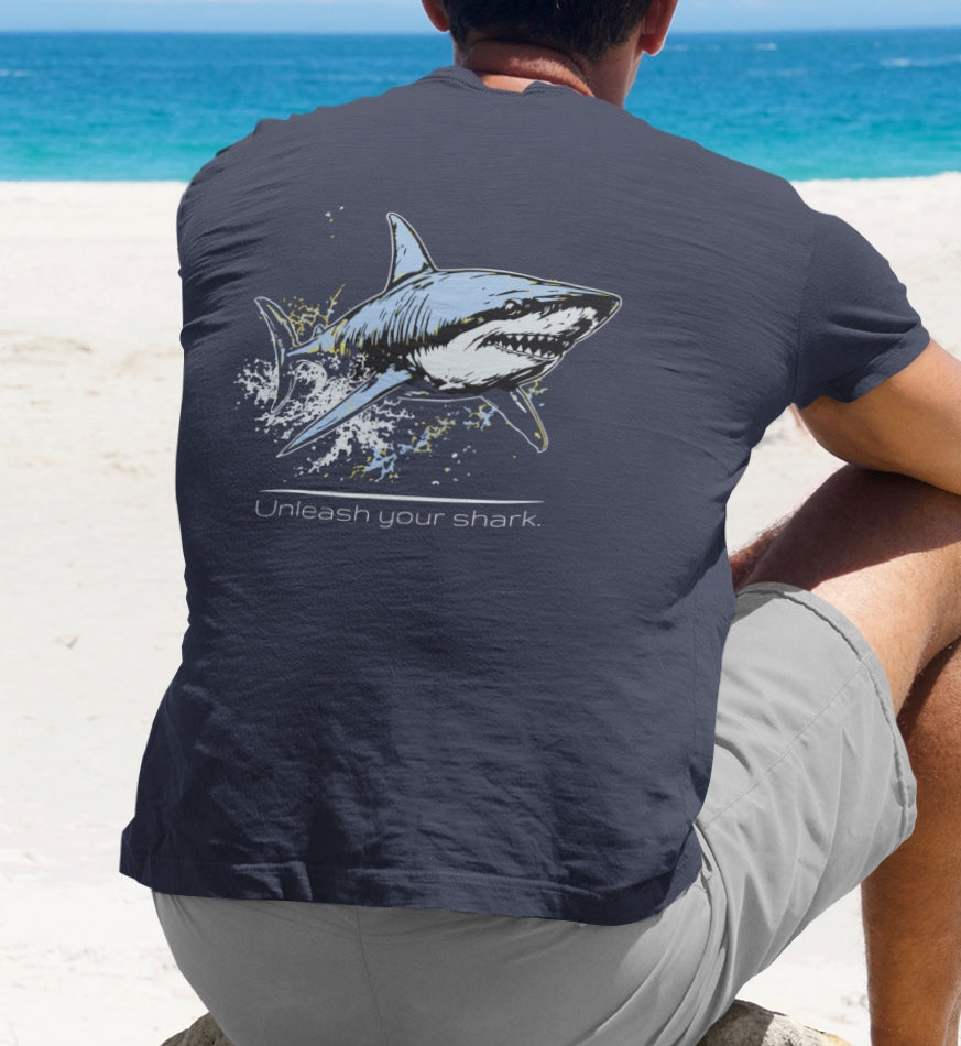 Great White Shark Ultimate "Unleash your shark" V-Neck Graphic Unisex Jersey Tee (graphic on back)