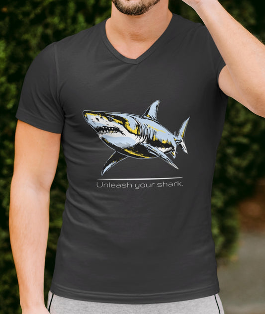 Great White Shark Ultimate "Unleash your shark" V-Neck Graphic Unisex Jersey Tee