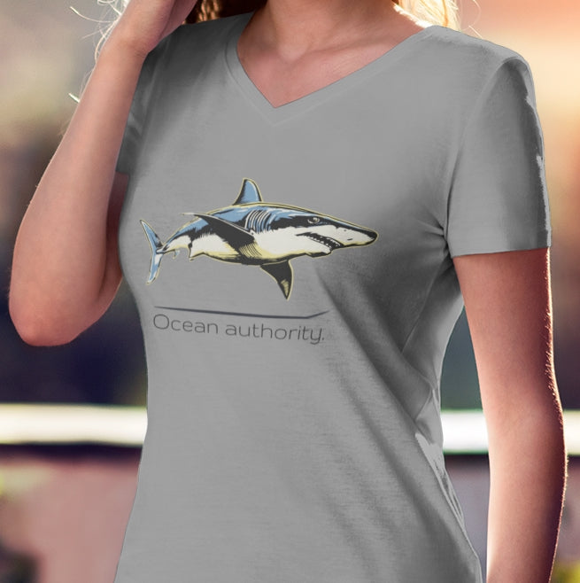 Great White Shark "Ocean authority" V-Neck Graphic Unisex Jersey Tee
