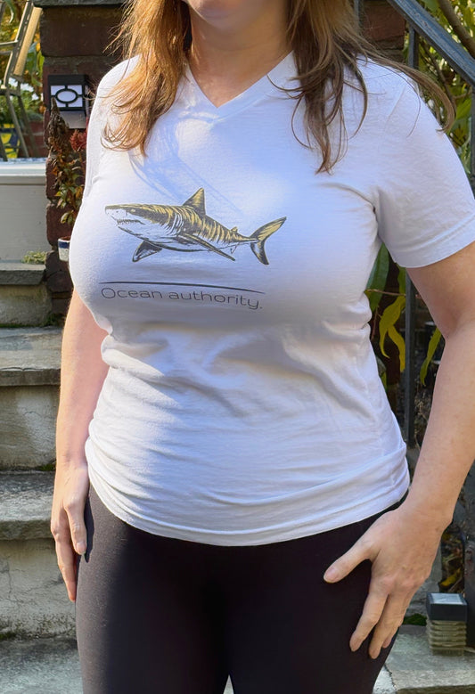 Tiger Shark "Ocean authority" V-Neck Graphic Unisex Jersey Tee