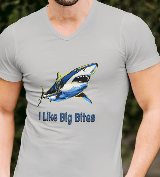Shark Tee - "I Like Big Bites" V-Neck Graphic Unisex Jersey Tee