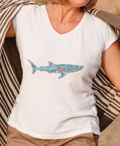 •V• Shark V-Neck  Tee - Whale Shark Floral