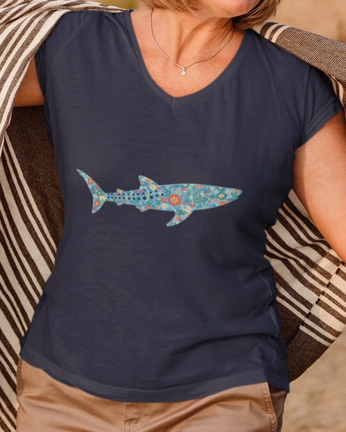 •V• Shark V-Neck  Tee - Whale Shark Floral