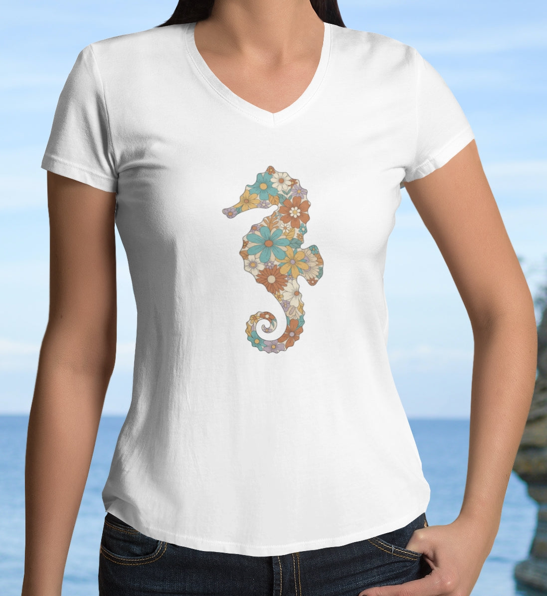 •V• Seahorse Floral V-Neck Tee