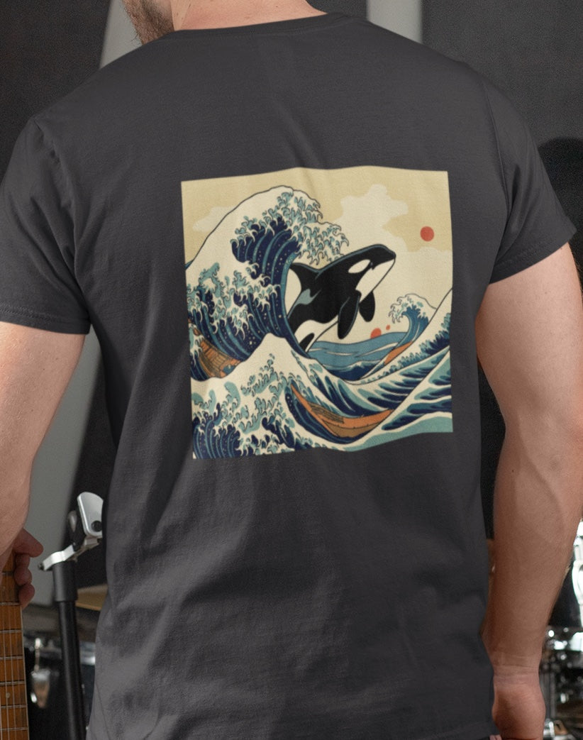 Orca Woodblock Tee - Wave (Back Image, Front Logo)