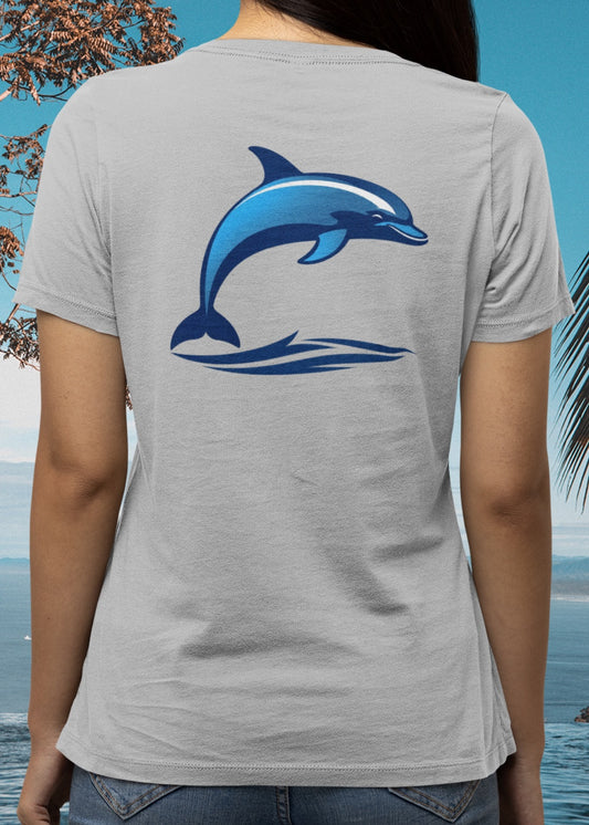 •V• Dolphin V-Neck Tee - Back Image "Leap"