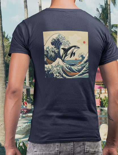 Dolphin Woodblock Tee - Wave (Back Image, Front Logo)