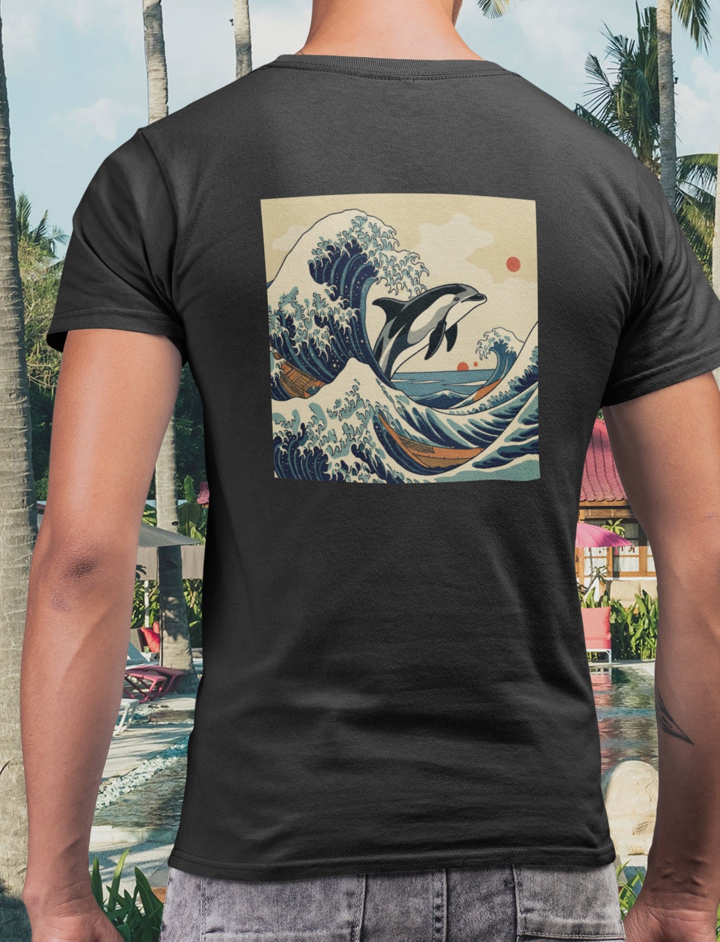 Dolphin Woodblock Tee - Wave (Back Image, Front Logo)