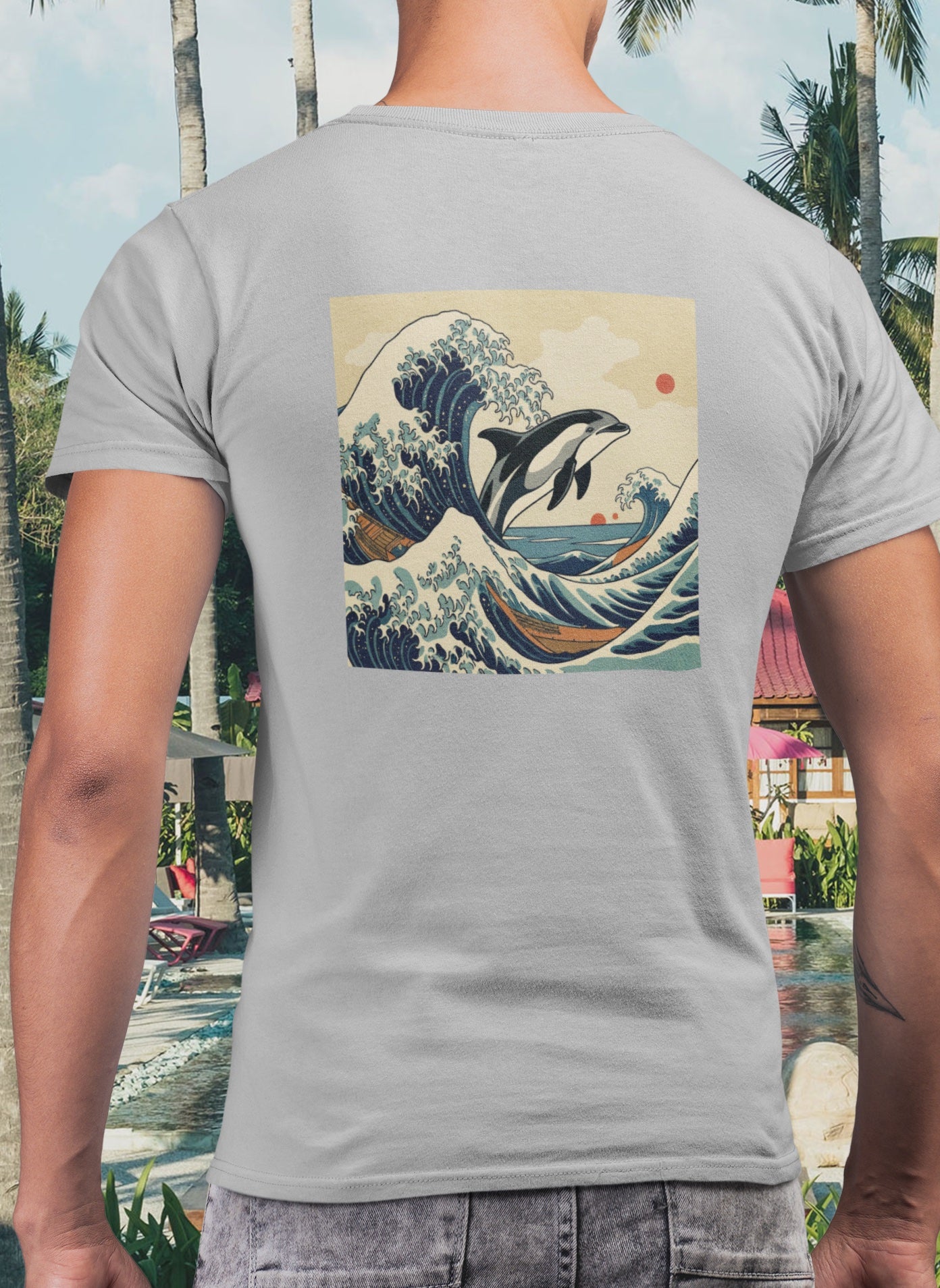 Dolphin Woodblock Tee - Wave (Back Image, Front Logo)