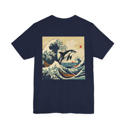 Dolphin Woodblock Tee - Wave (Back Image, Front Logo)