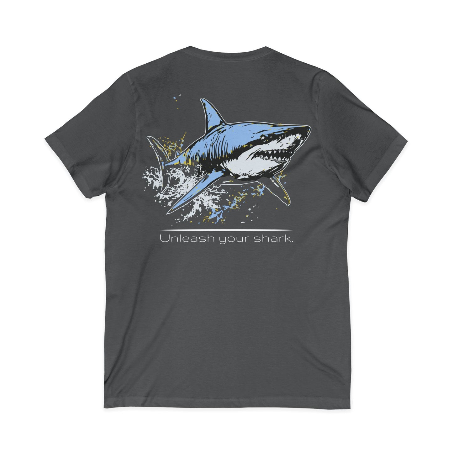 Great White Shark Ultimate "Unleash your shark" V-Neck Graphic Unisex Jersey Tee (graphic on back)