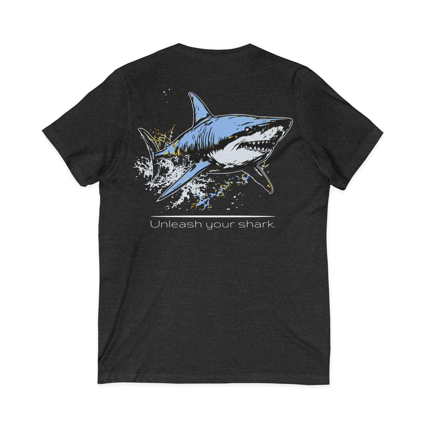 Great White Shark Ultimate "Unleash your shark" V-Neck Graphic Unisex Jersey Tee (graphic on back)