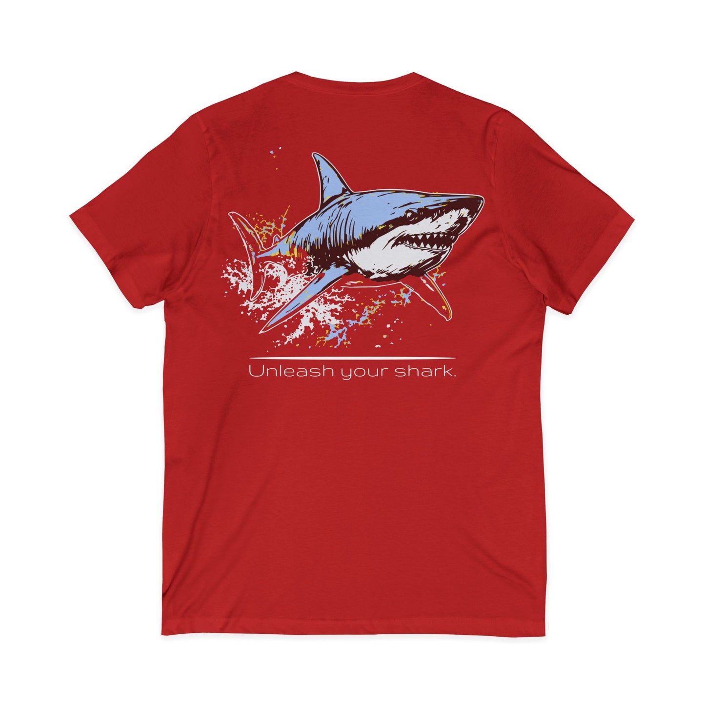 Great White Shark Ultimate "Unleash your shark" V-Neck Graphic Unisex Jersey Tee (graphic on back)